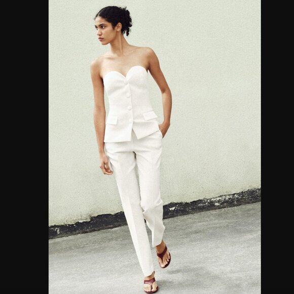 NWT ZARA 2 PIECES MATCH SET COMBINATION SATIN EFFECT BUSTIER TOP + FLARED PANTS - Picture 1 of 10